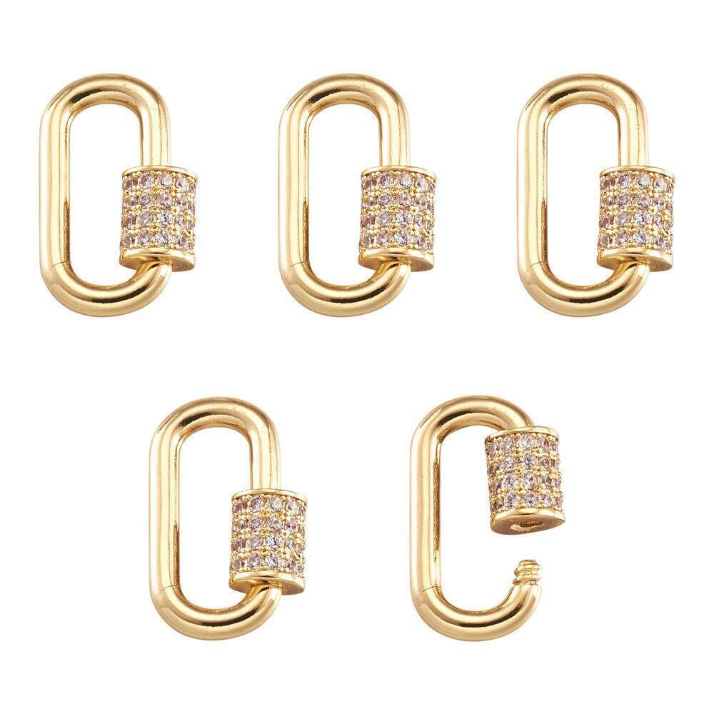 2032 5Pcs Brass Cubic Zirconia Screw Carabiner Lock Charms Oval Necklace